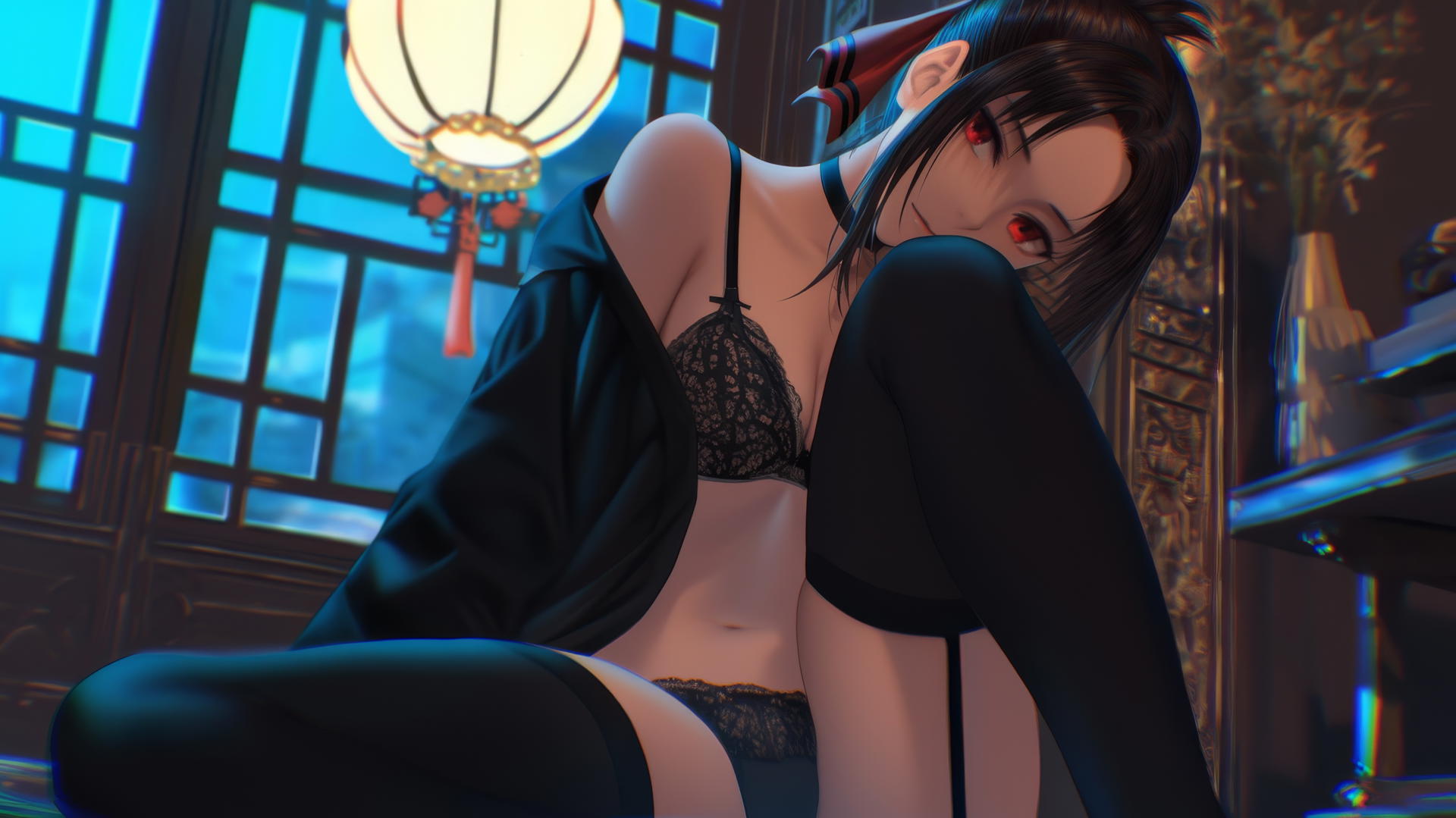 Kaguya Shinomiya kneeling with neon light from the ceiling casting a soft glow
