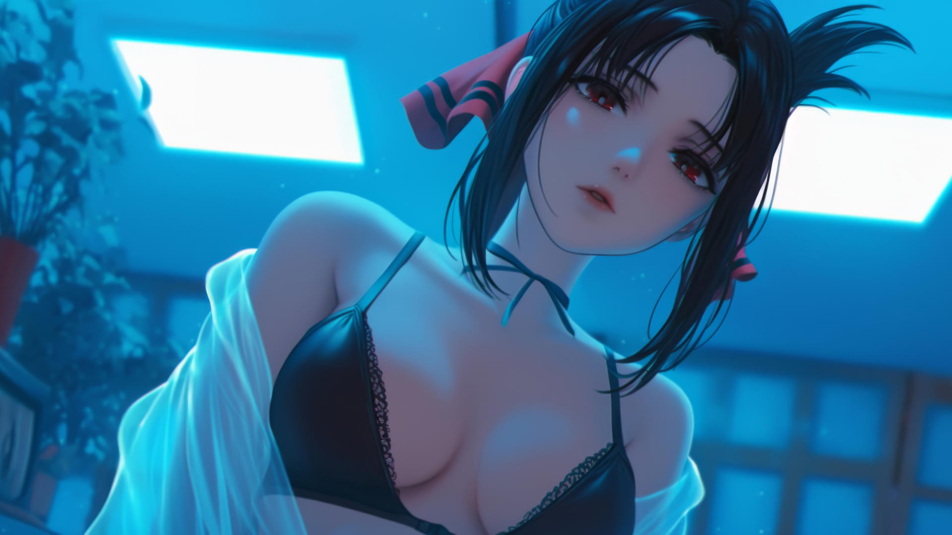 Kaguya Shinomiya kneeling with red eyes, seen from below, neon ceiling lights casting a soft glow, looking straight down.