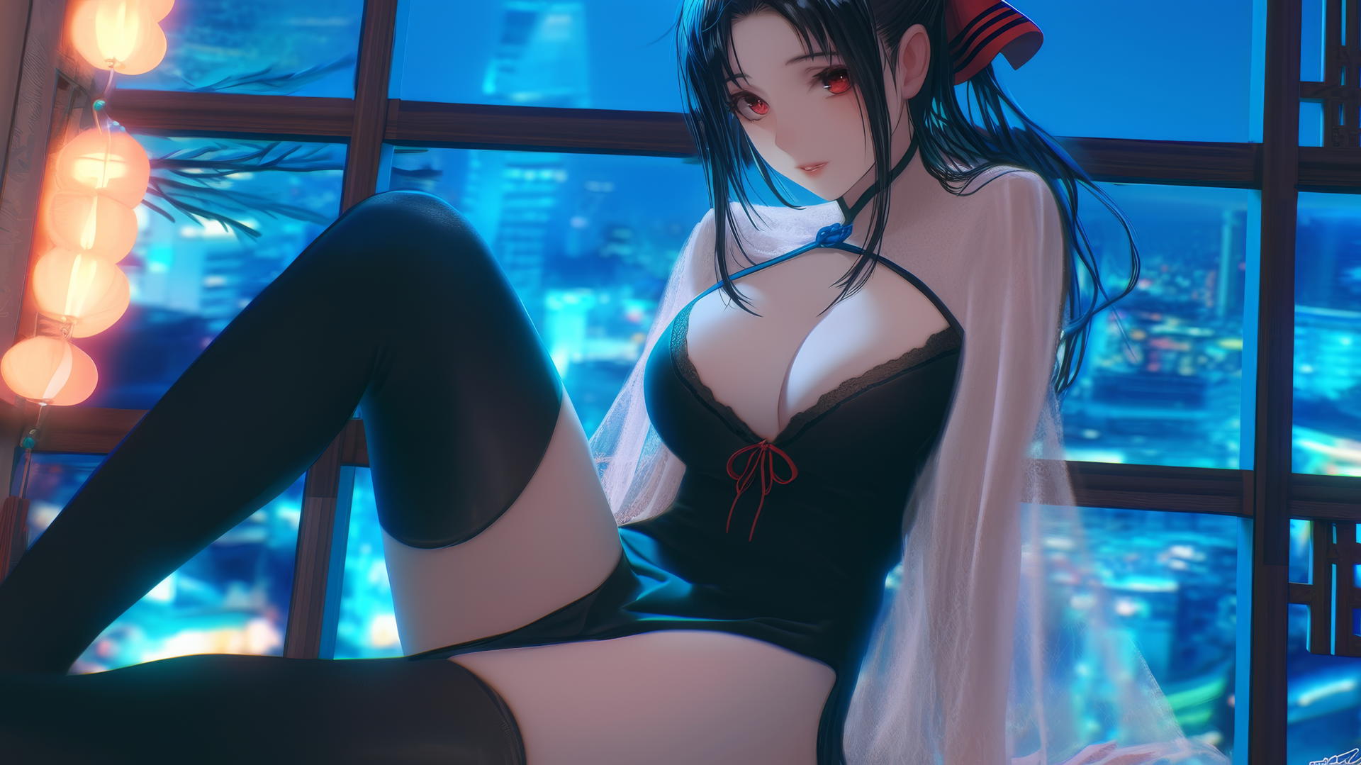 Kaguya Shinomiya kneeling, viewed from below with red eyes, neon light from ceiling