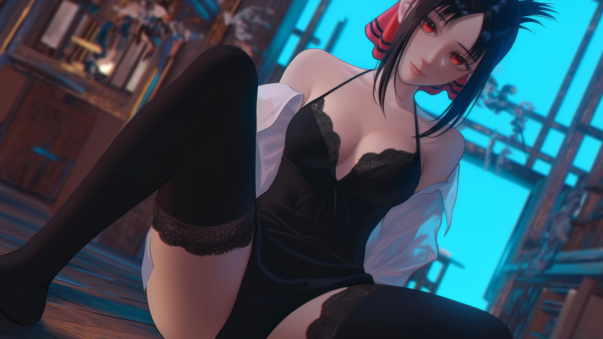 Kaguya Shinomiya with red eyes kneeling, neon light cast from ceiling.