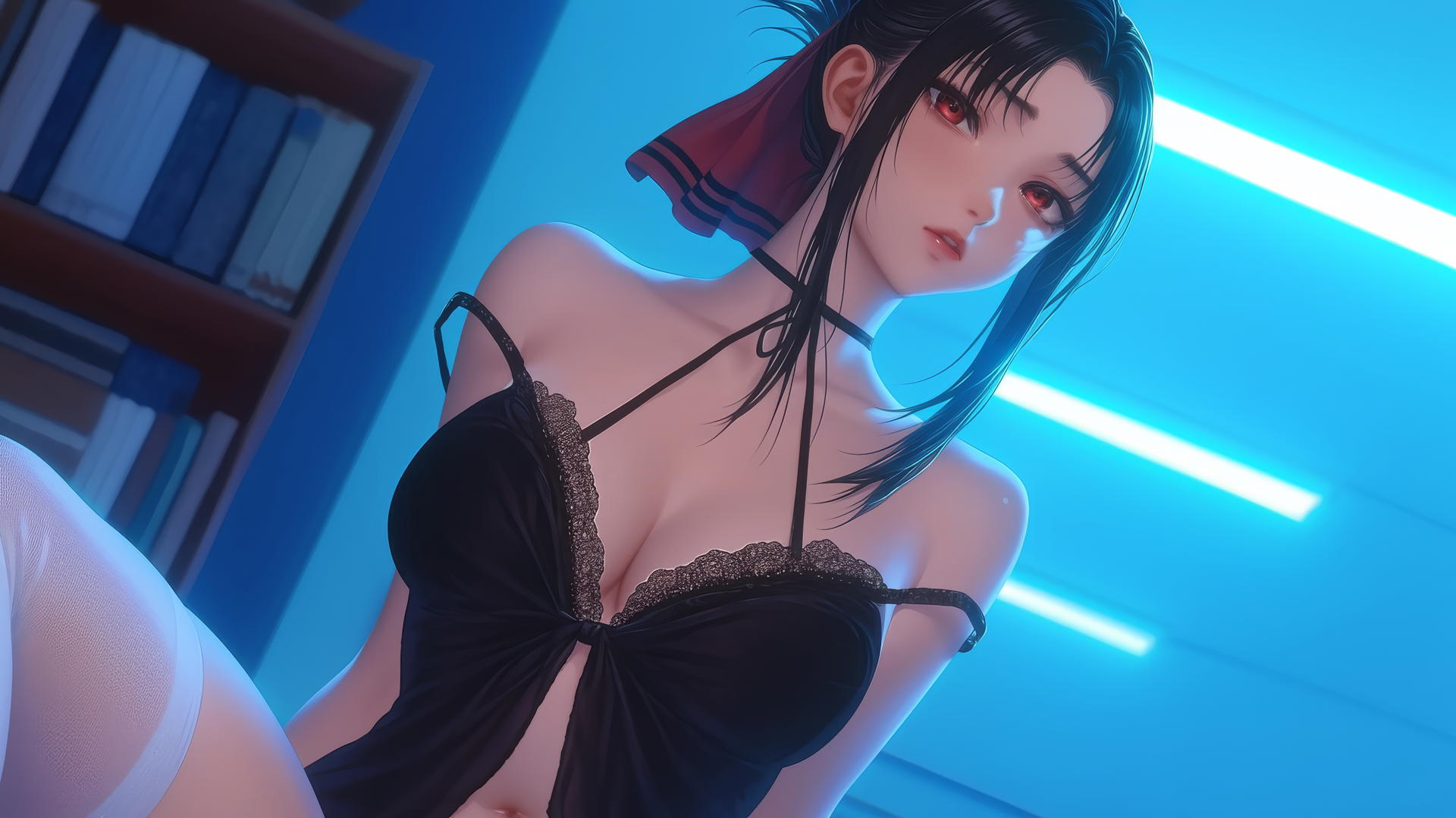 Kaguya Shinomiya with red eyes looking down, neon-lit scene