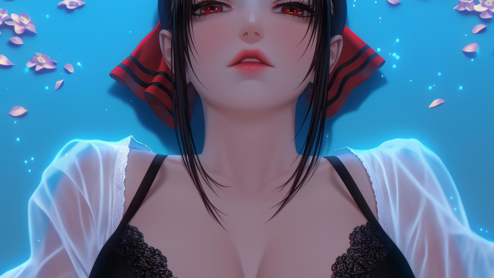 Kaguya Shinomiya kneeling, red eyes, under neon ceiling lights
