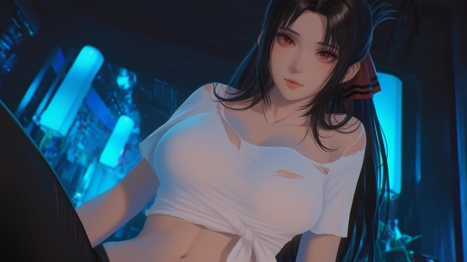 Kaguya Shinomiya from Kaguya-sama wa Kokurasetai seen from below, red eyes, broken white T-shirt, neon light