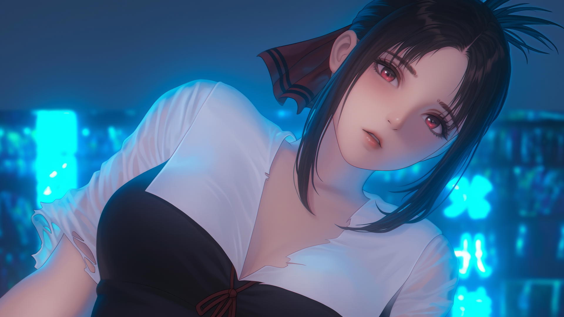 Kaguya Shinomiya with red eyes, in a broken white t-shirt, kneeling and looking down under neon ceiling lights.