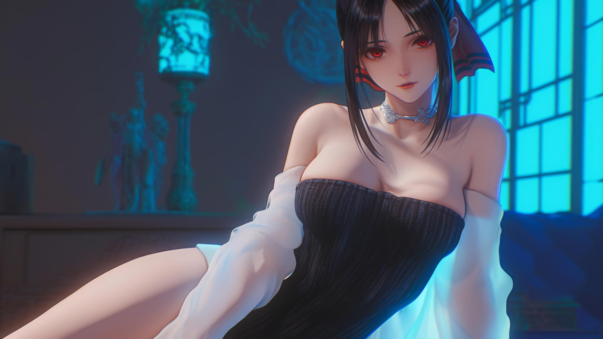 Kaguya Shinomiya kneeling, red eyes, broken sweater, neon light glow