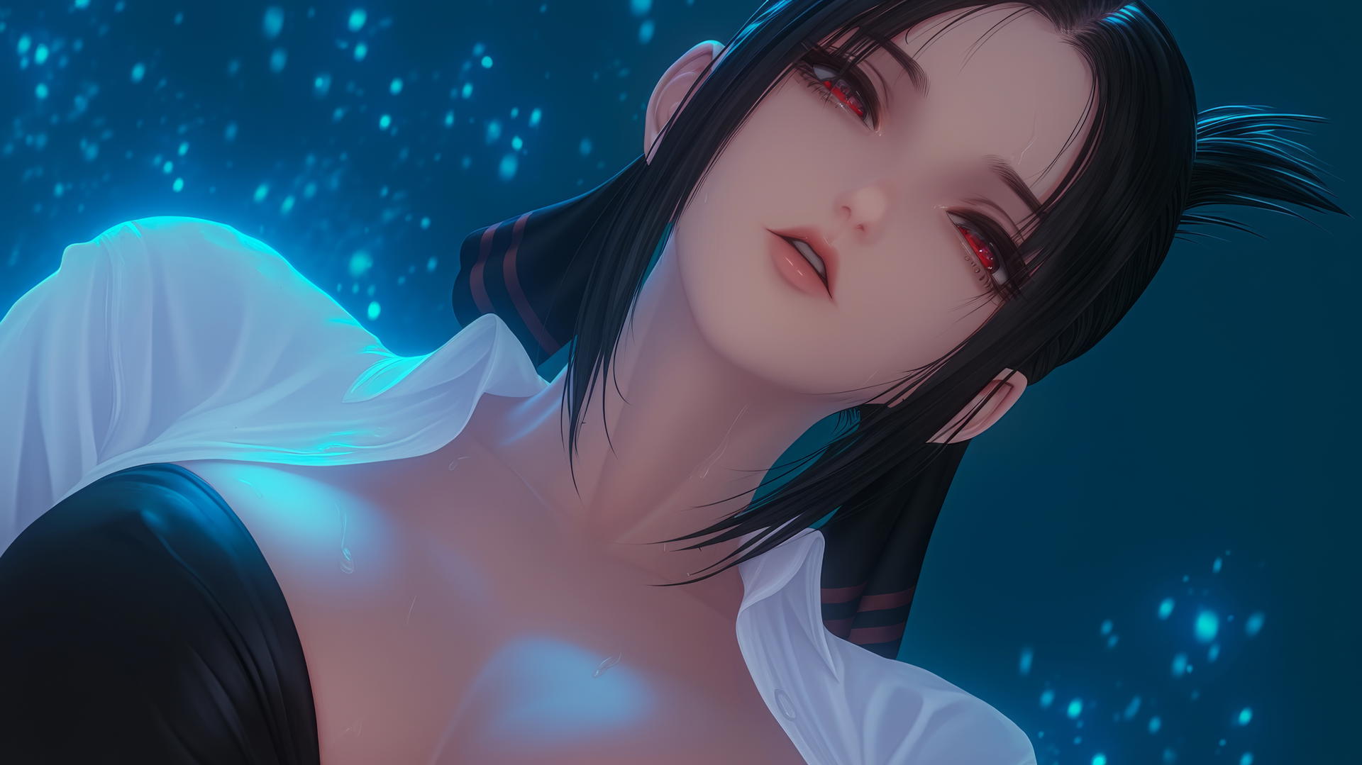 Kaguya Shinomiya kneeling, wearing torn sweater, neon-lit from above