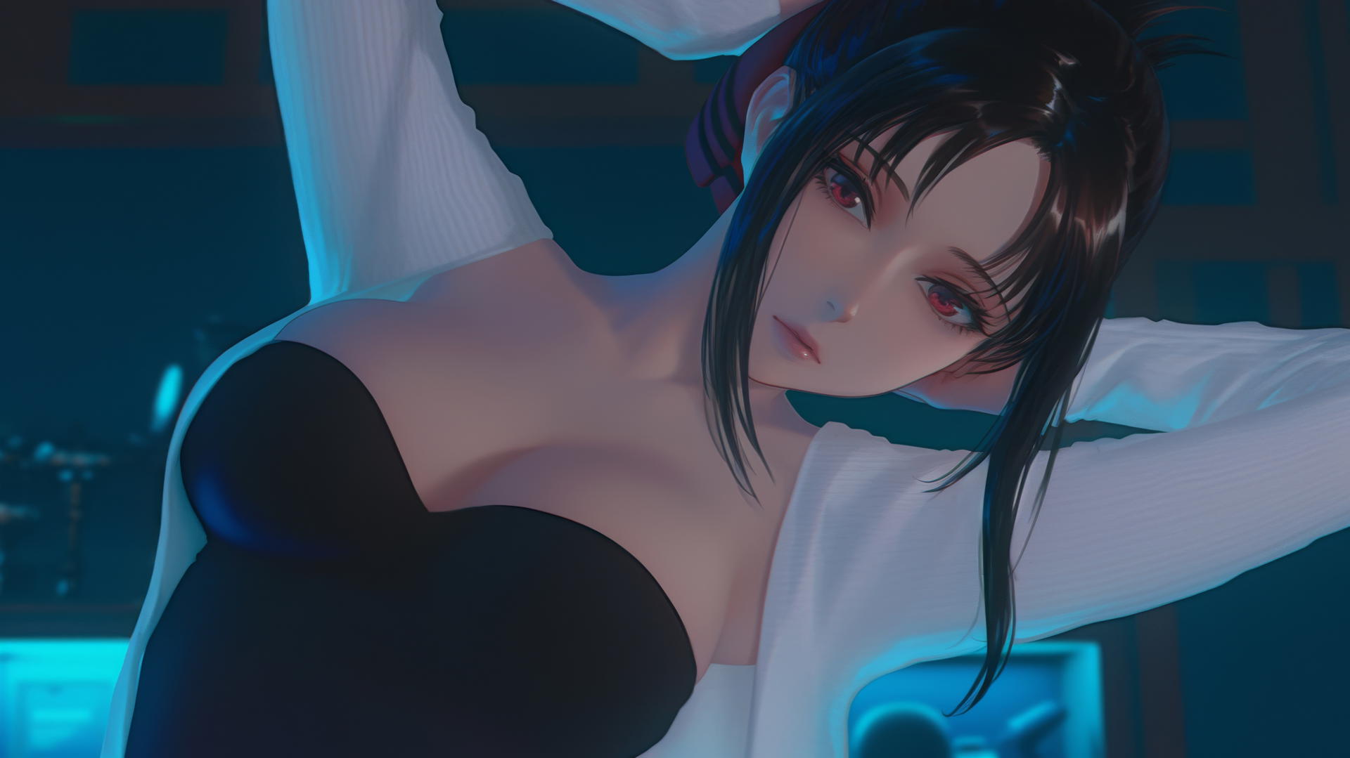 Kaguya Shinomiya kneeling, red eyes, broken knitted sweater, soft neon light glow