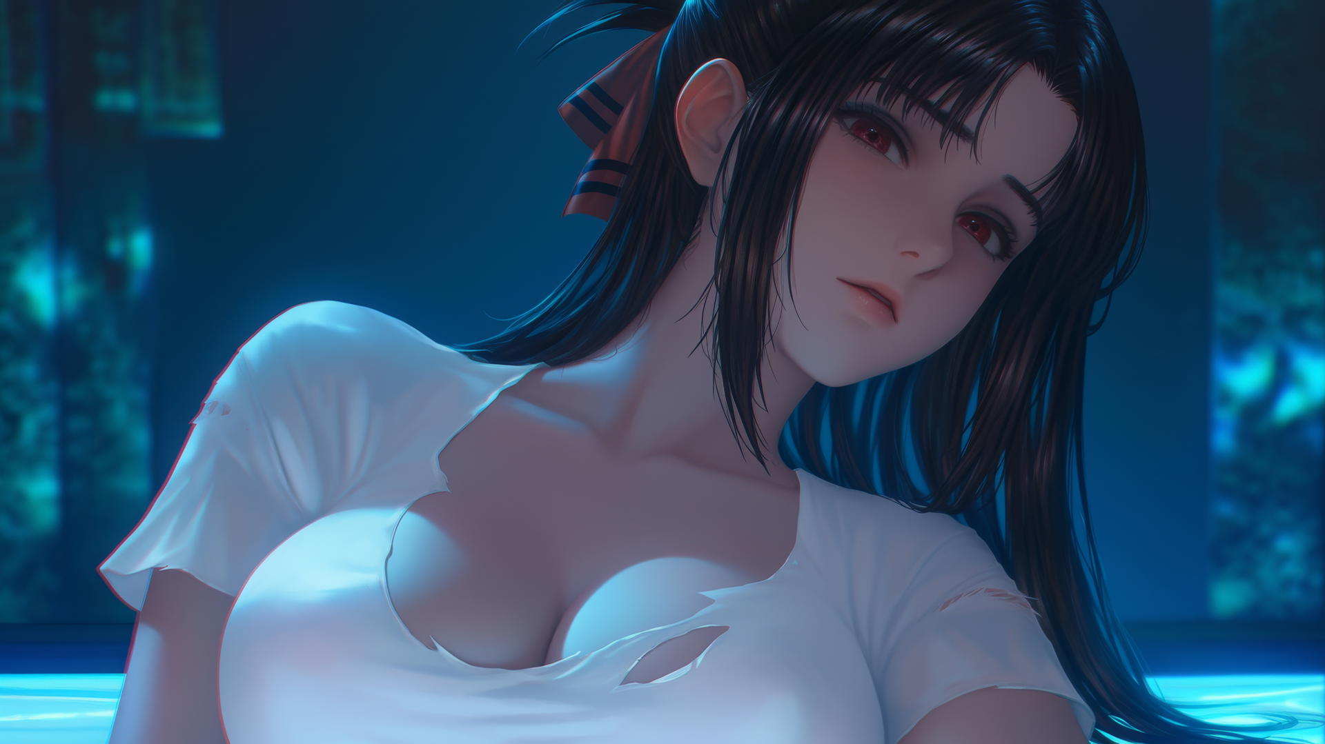Kaguya Shinomiya with red eyes, kneeling, wearing worn-out t-shirt, neon ceiling lights