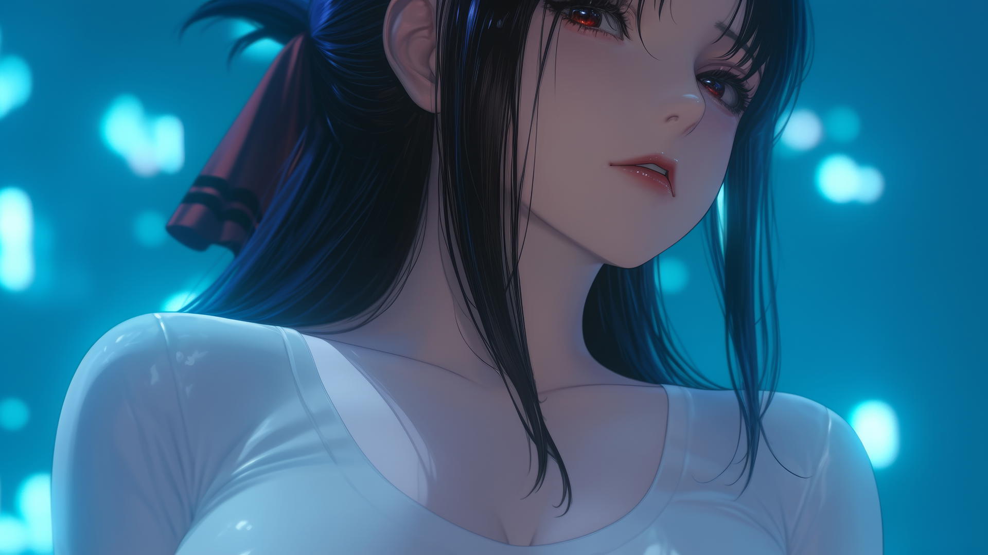 Kaguya Shinomiya kneeling, white t-shirt, red eyes, warm and neon light