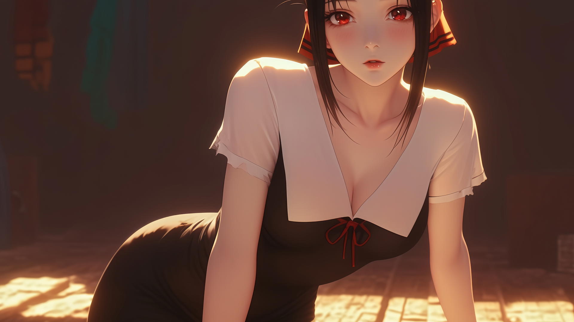 Kaguya Shinomiya from 'Kaguya-sama: Love Is War' in a dynamic kneeling pose, with red eyes and a broken t-shirt, under warm neon lighting.