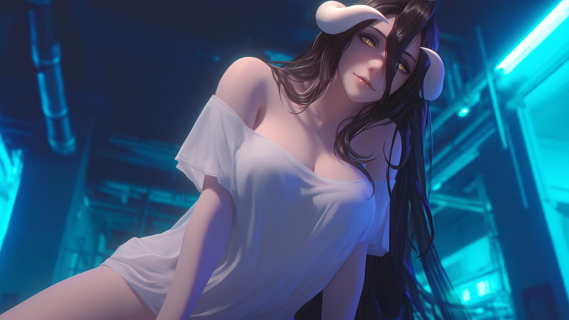 Albedo from Overlord kneeling, looking down with golden eyes, horns on temples, neon-lit