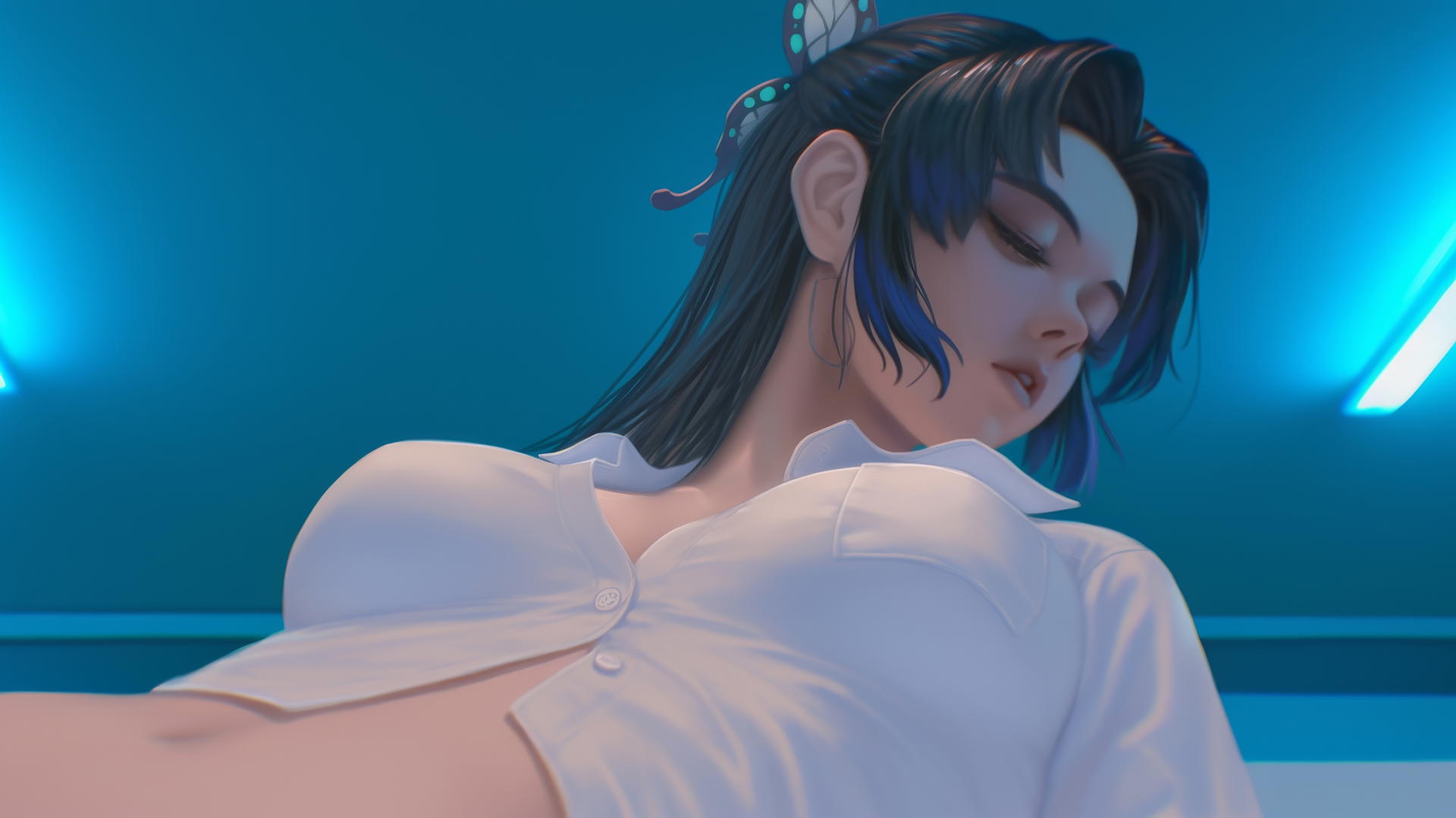 Shinobu Kocho from Demon Slayer in a white shirt under a hotel ceiling, leaning forward.