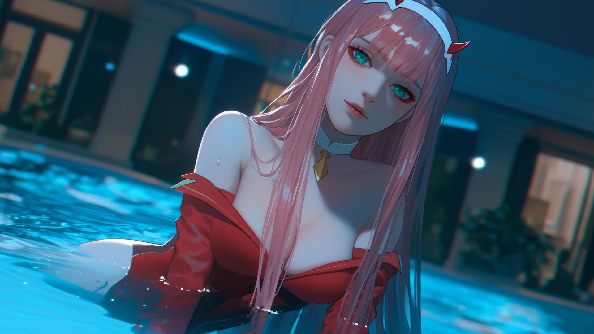 Zero Two from DARLING in the FRANXX kneeling, looking down, hotel ceiling background with warm and neon lights.