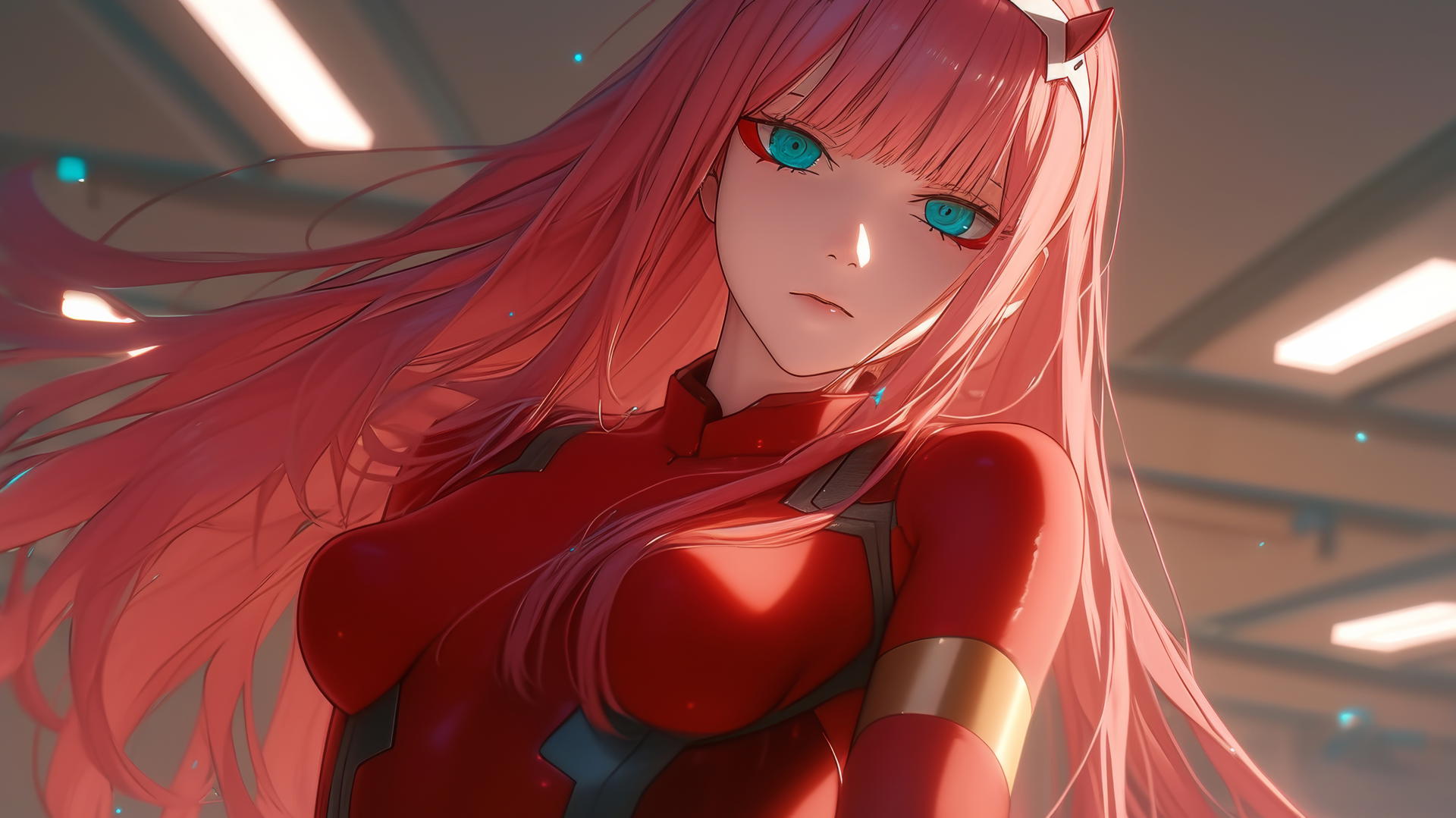 Zero Two from DARLING in the FRANXX with pink hair, seen from below, hotel ceiling and warm neon lights