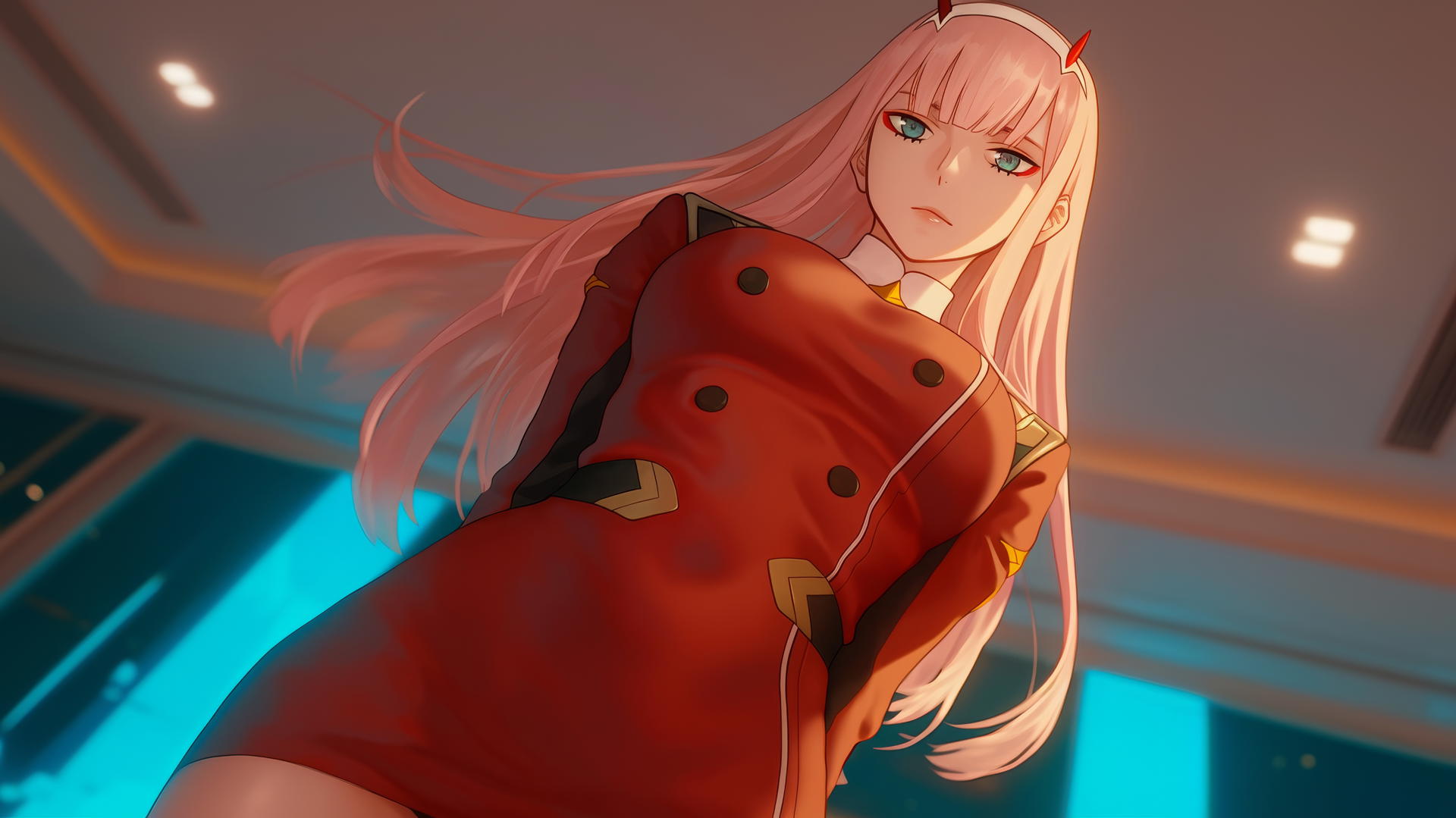 Zero Two from DARLING in the FRANXX with long pink hair in hotel, seen from below, neon light glowing