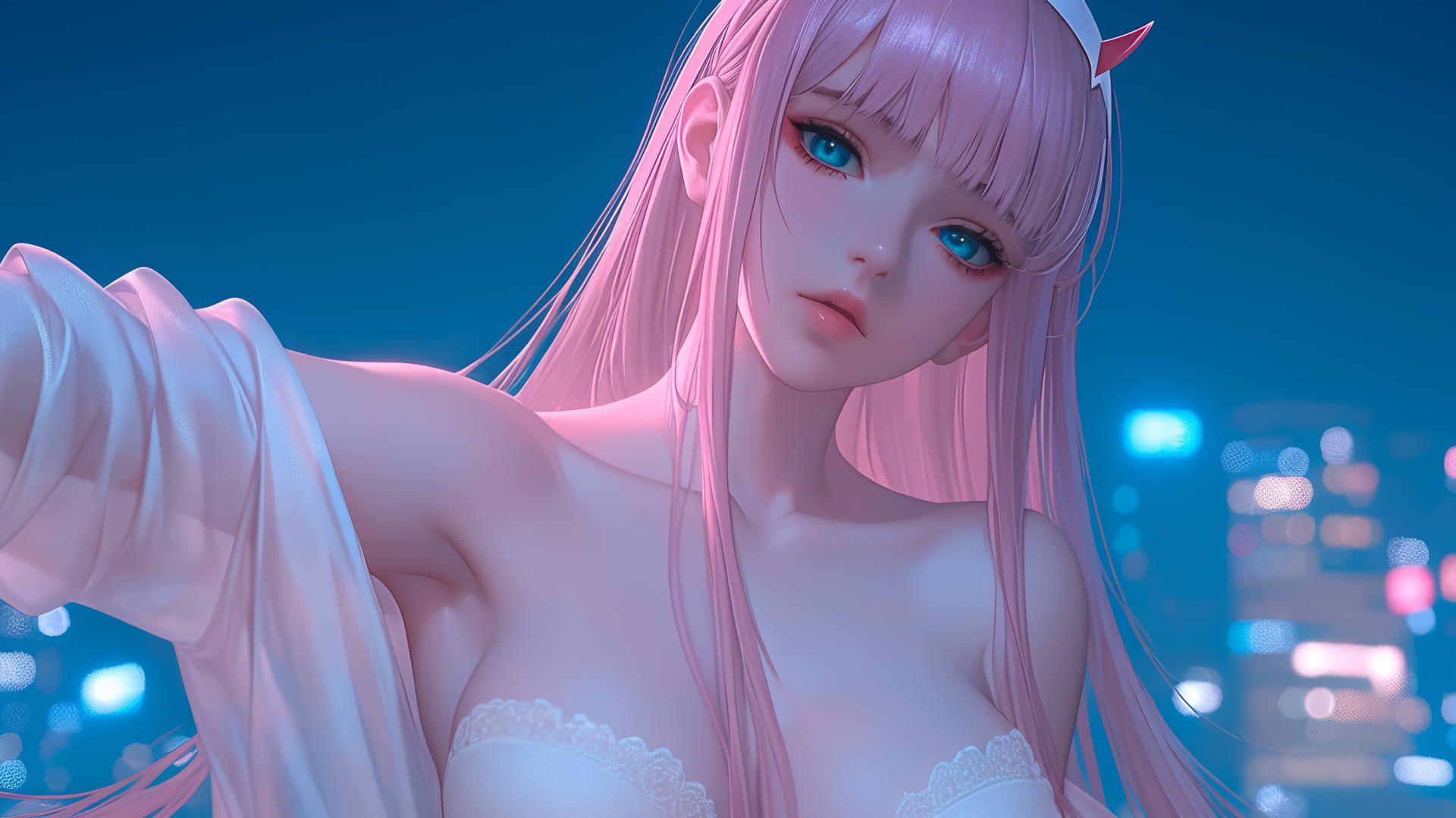 Zero Two from DARLING in the FRANXX, pink hair, looking down, hotel ceiling background