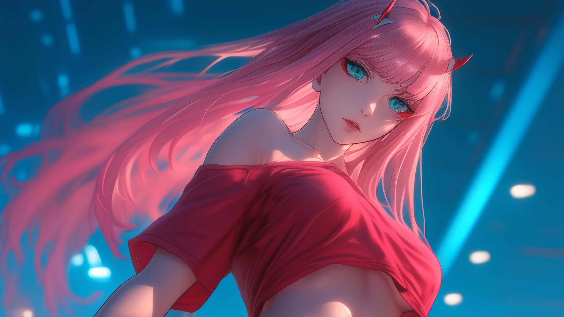 Zero Two from DARLING in the FRANXX, seen from below with pink hair, in a hotel room with neon and warm lighting.