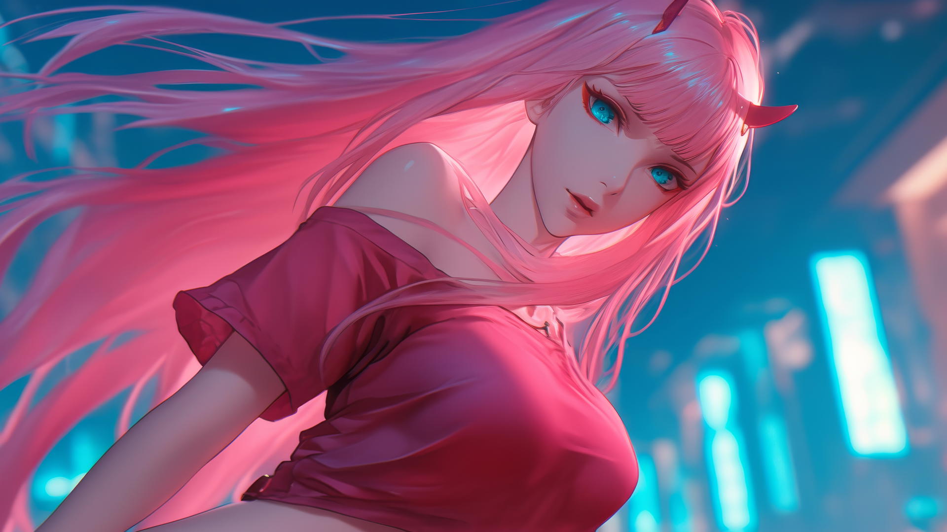 Zero Two with long pink hair leaning and looking down with neon-lit hotel ceiling background.