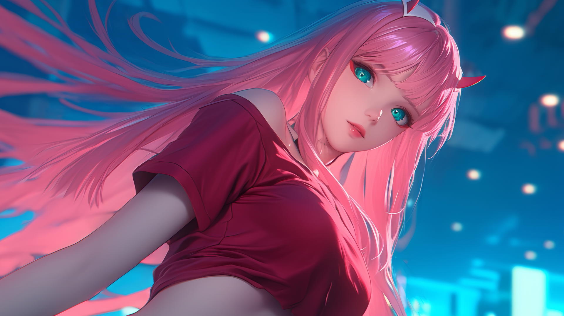 Zero Two from DARLING in the FRANXX, long pink hair, kneeling, warm neon-lit hotel.