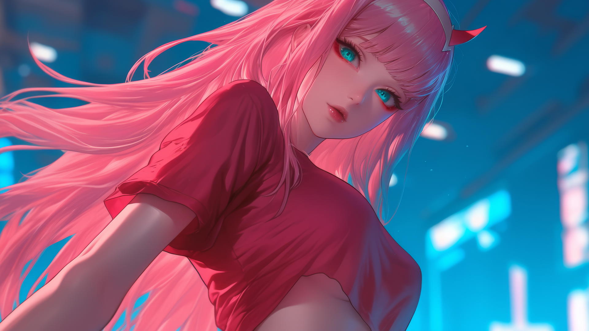 Zero Two from DARLING in the FRANXX with long pink hair, kneeling, warm light.