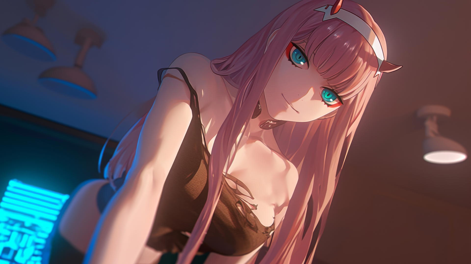 Zero Two from DARLING in the FRANXX kneels and looks down with pink hair, hotel ceiling background.