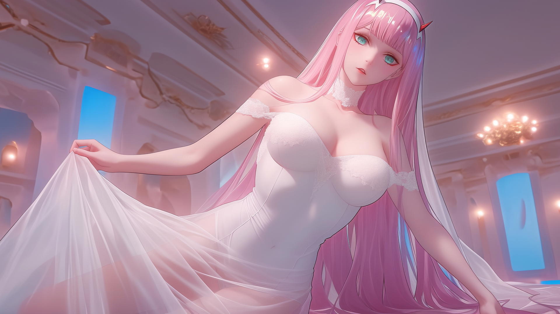 Zero Two from Darling in the Franxx wearing a wedding dress, seen from below with a ceiling background.