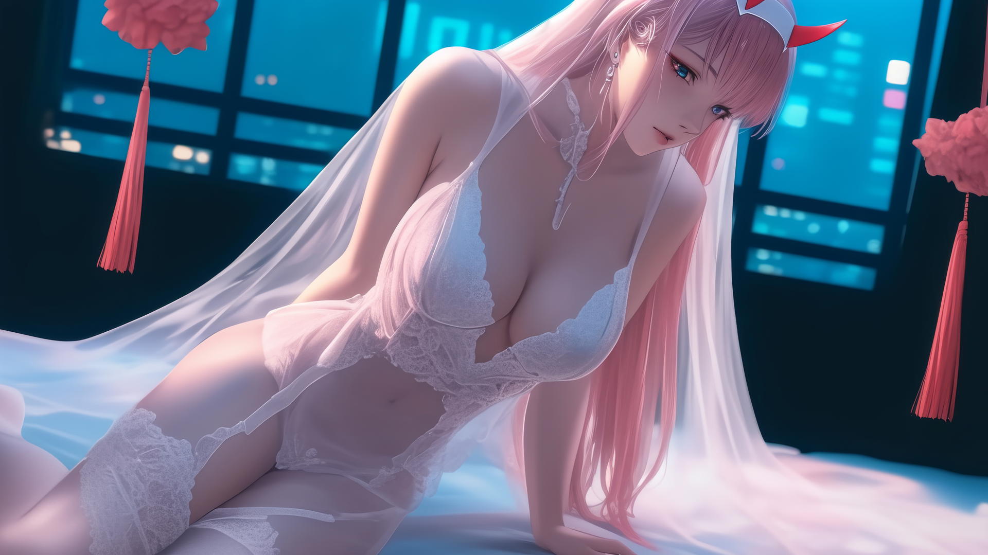 Zero Two from DARLING in the FRANXX kneeling in wedding dress with warm neon lighting