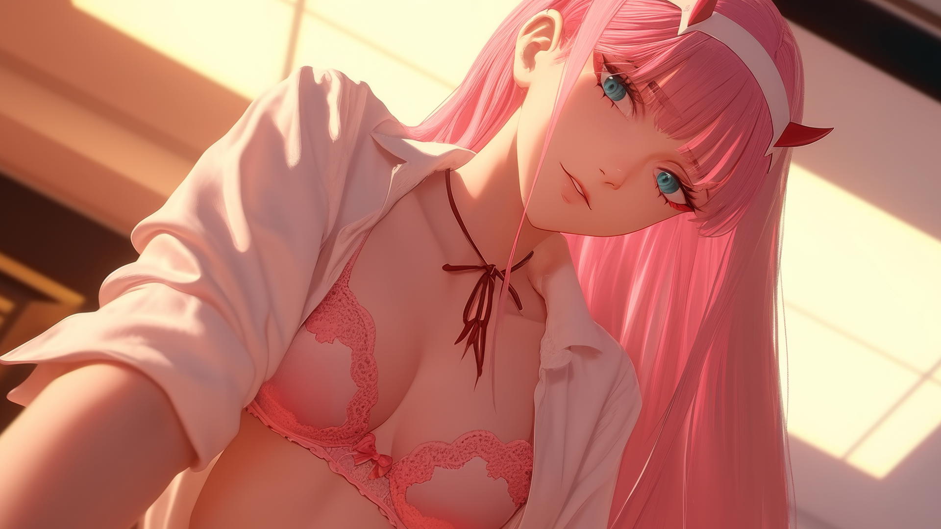 Zero Two from DARLING in the FRANXX with long pink hair kneeling, seen from below with hotel ceiling background.