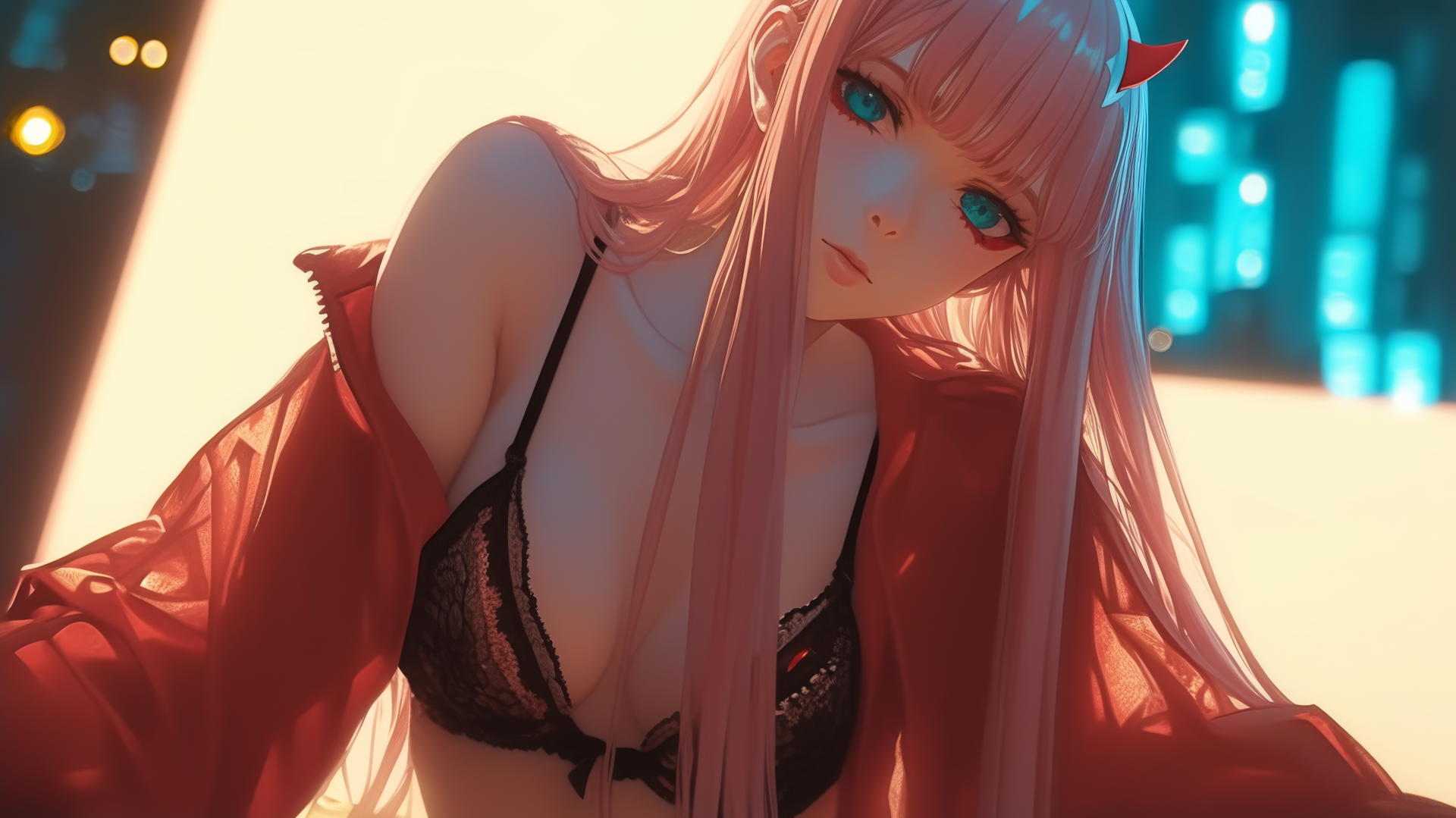 Zero Two from DARLING in the FRANXX kneeling beneath warm and neon lights.