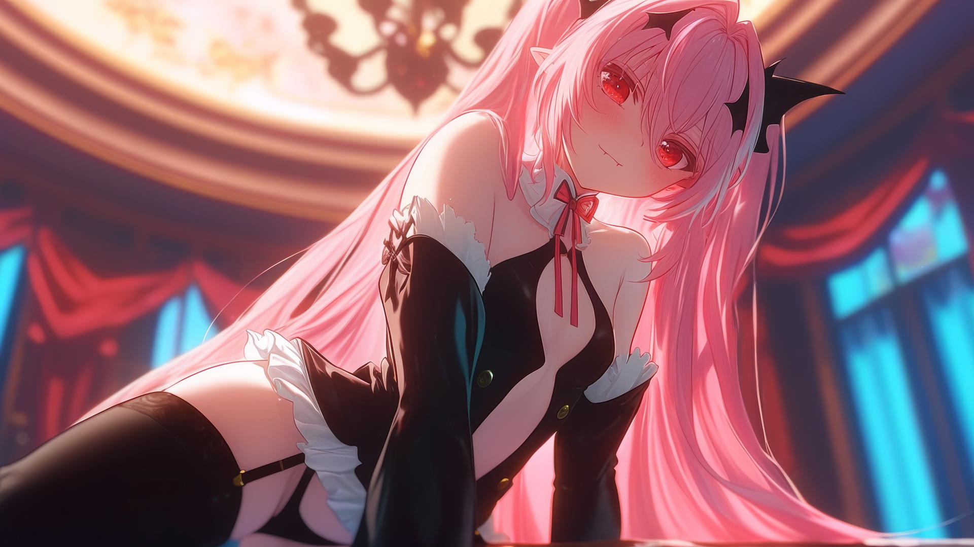 Krul Tepes from Seraph of the End, with red eyes and pink hair, kneeling and looking down, hotel ceiling background.