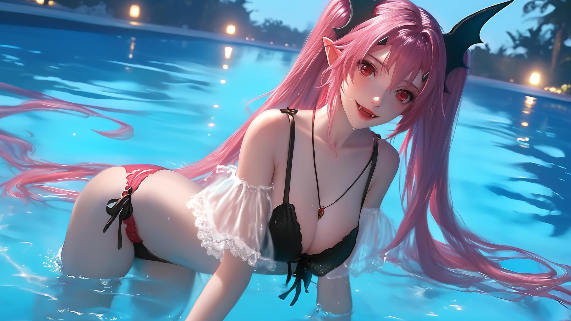 Krul Tepes with red eyes, rosy pink hair, fangs, and pointed ears jumping out of a swimming pool at night.