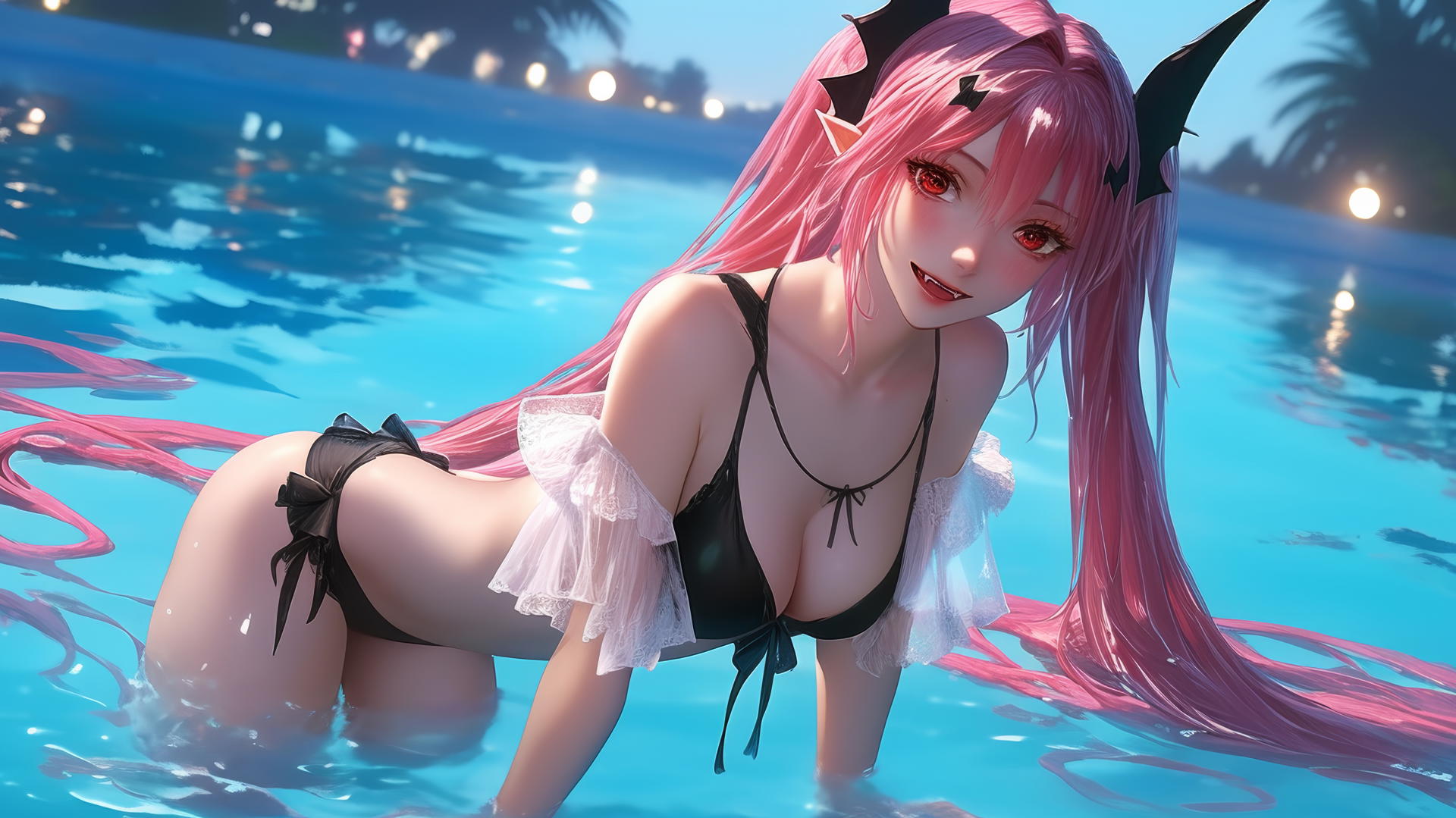 Krul Tepes from Seraph of the End with red eyes and rosy pink hair, fangs and pointed ears, jumping out of a moonlit swimming pool