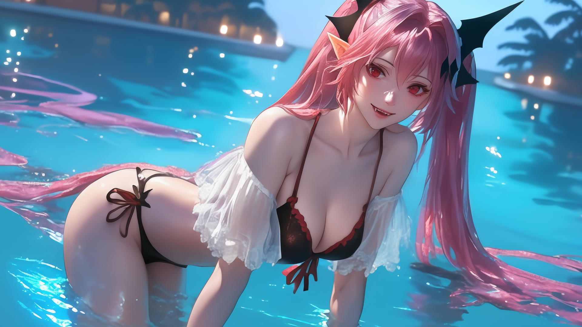 Krul Tepes from Seraph of the End with red eyes and pink hair jumps out of a pool under moonlight