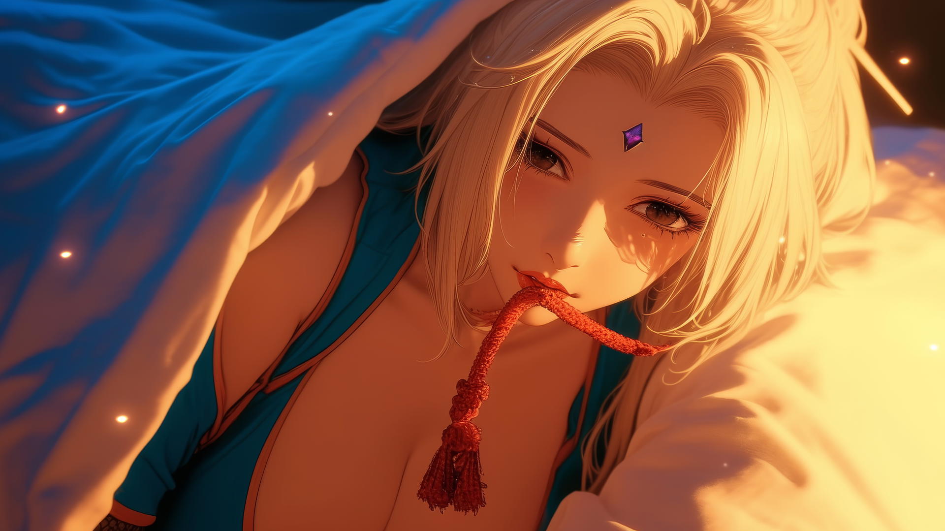 Tsunade from Naruto under a blanket holding a flashlight, warm glow illuminating her figure.