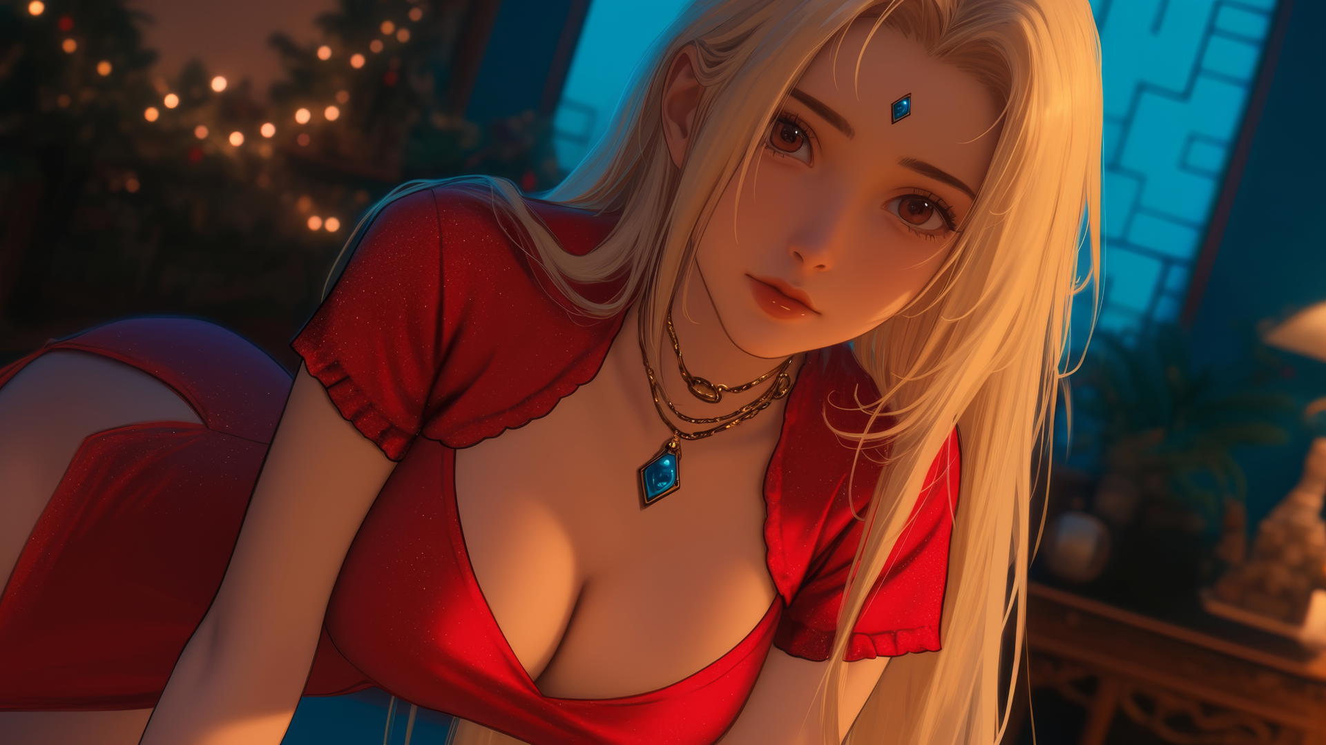 Tsunade from Naruto in red Christmas attire kneels under warm, neon-lit hotel ceiling.