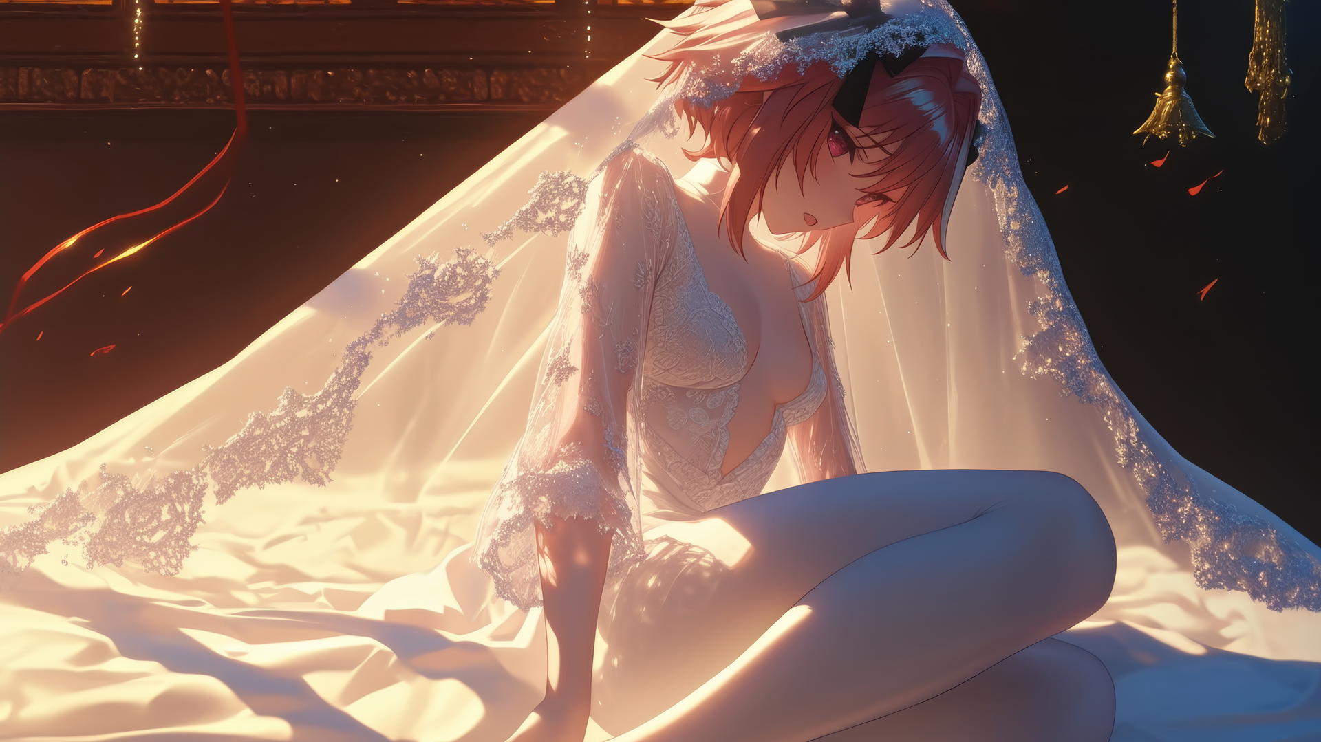 Astolfo from Type Moon in a wedding dress kneeling and leaning forward with a ceiling background.