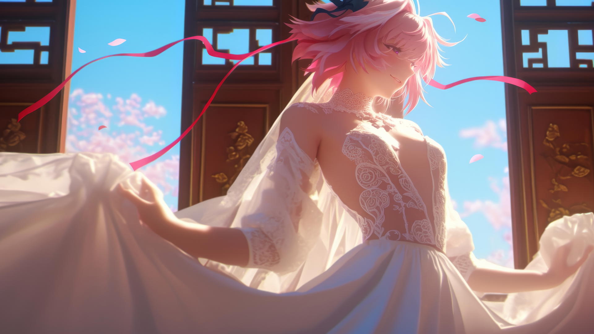 Astolfo in a wedding dress, kneeling, leaning forward with warm light glow