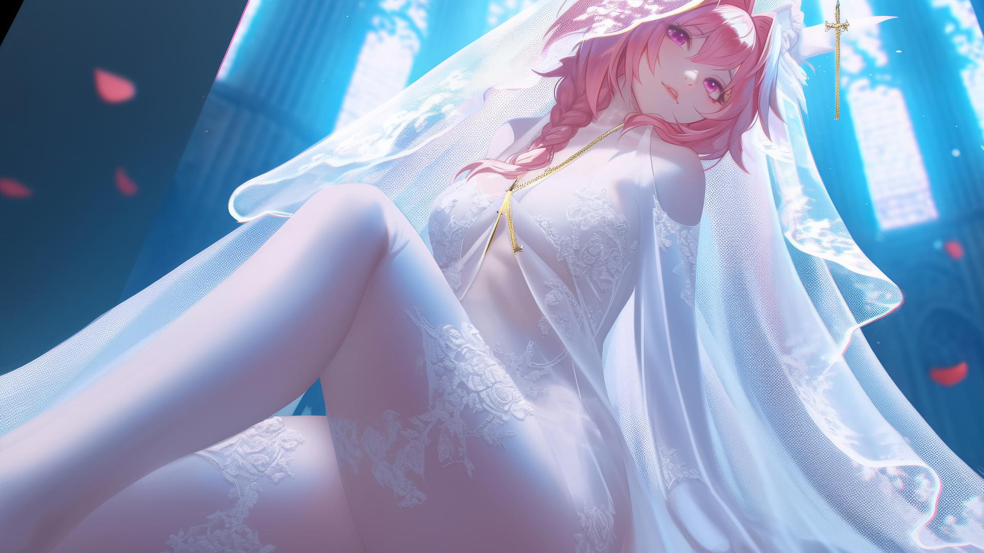 Astolfo from Type Moon in a wedding dress, kneeling and leaning forward under warm light