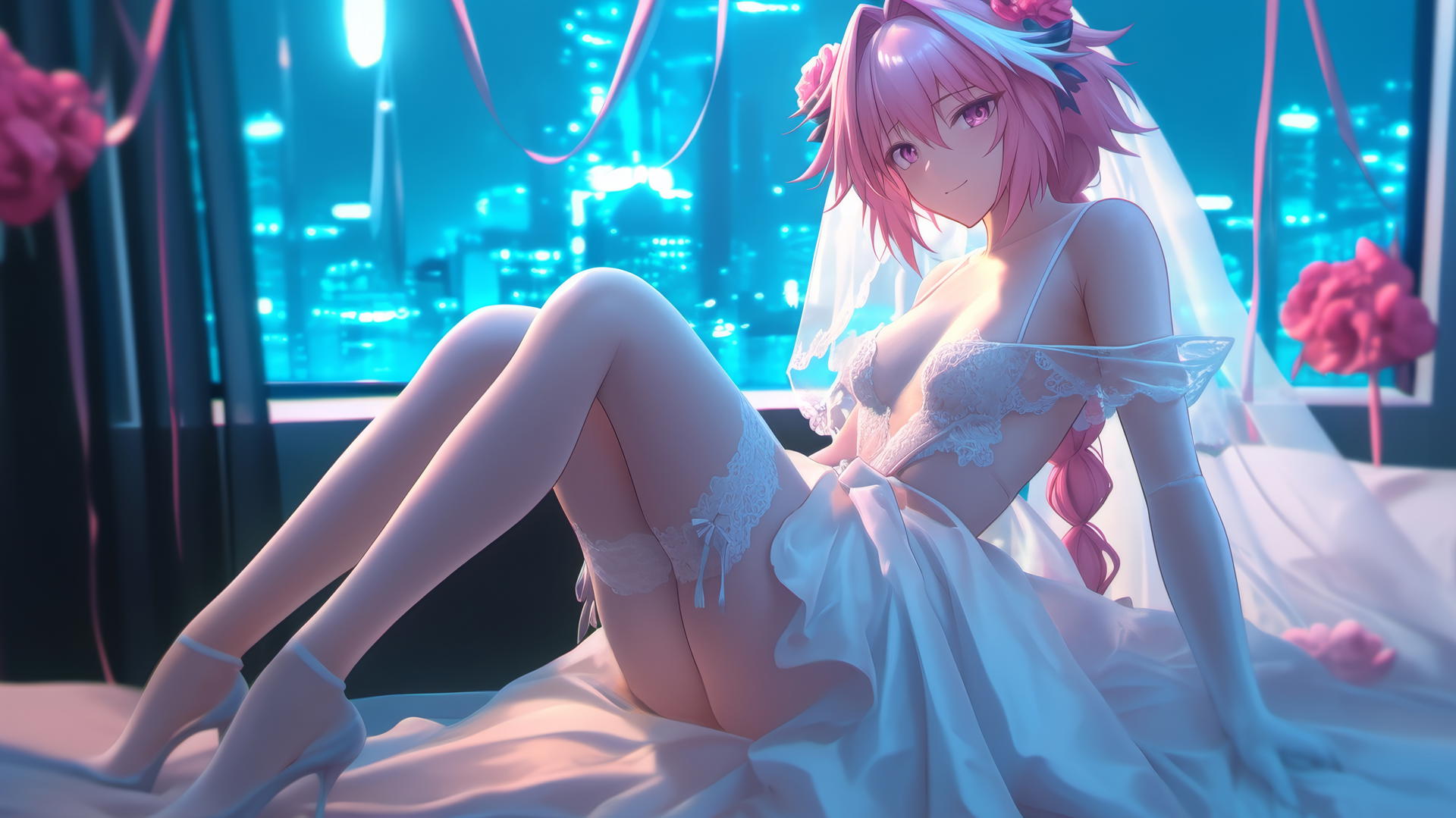 Astolfo in a wedding dress sitting in a moonlit modern hotel room