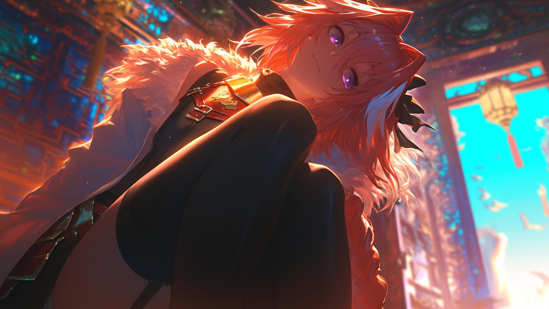 Astolfo from Type Moon kneeling and leaning, seen from below, with warm light and ceiling behind