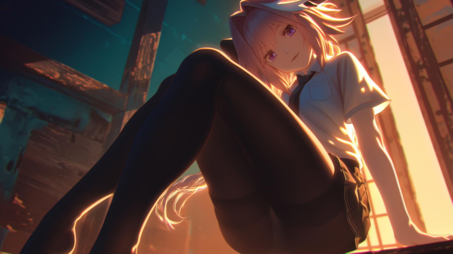 Astolfo kneeling and leaning, viewed from below with a ceiling background