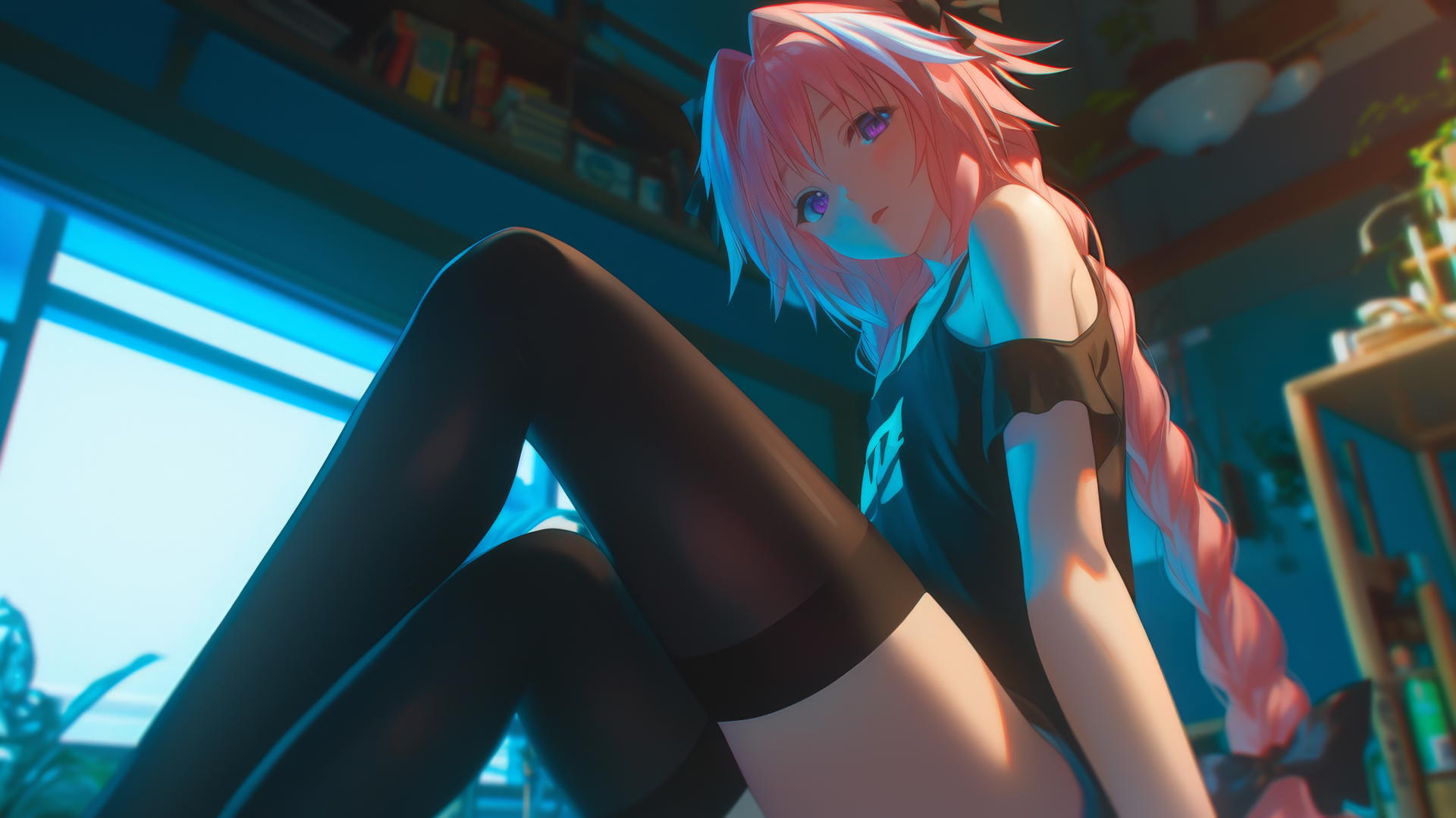 Astolfo from Type Moon kneeling and leaning forward, seen from below with ceiling background