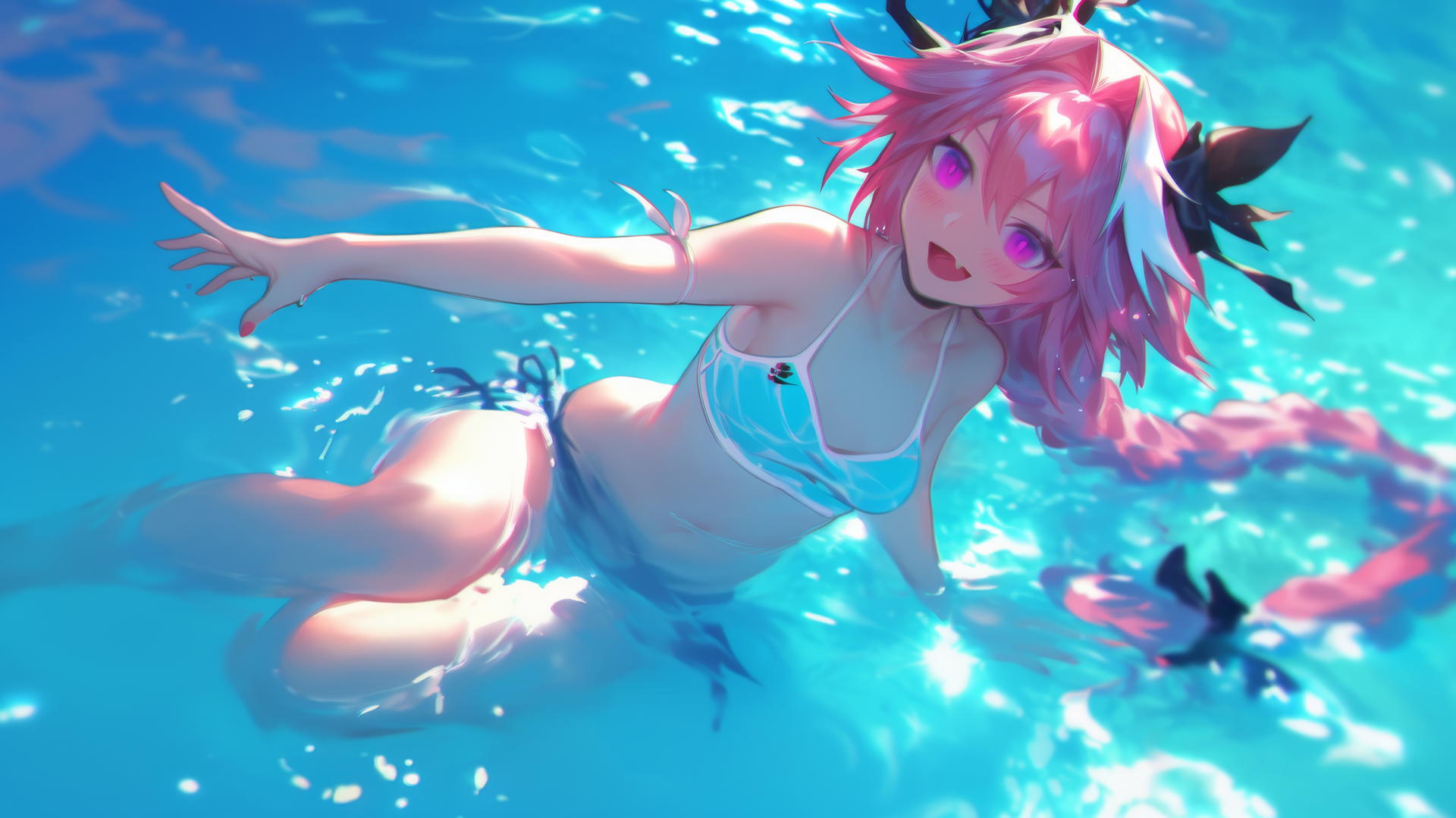Astolfo from Type Moon jumping out of a swimming pool under moonlight