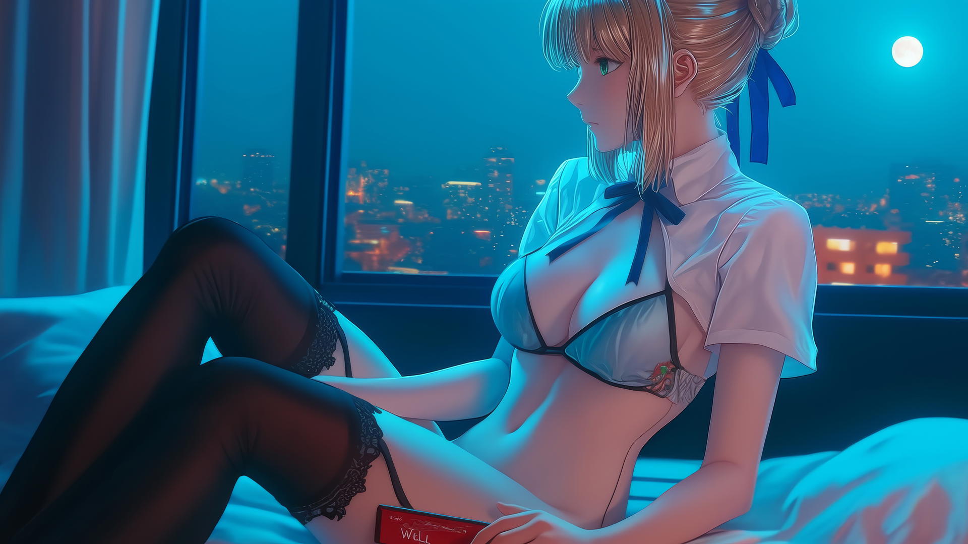 Saber from Fate Zero with green eyes, sitting in a modern hotel room with moonlight glow