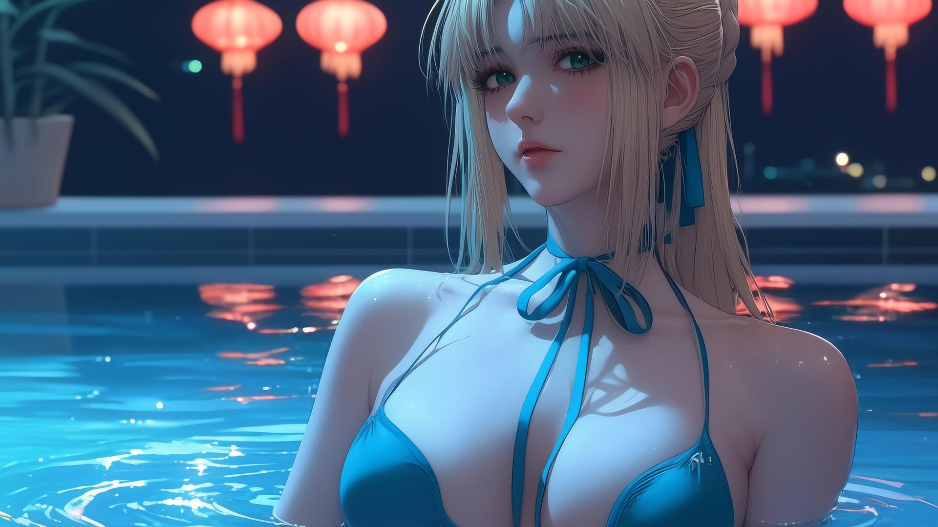 Saber from Fate Zero with green eyes resting in a tub under soft neon light in a modern apartment.