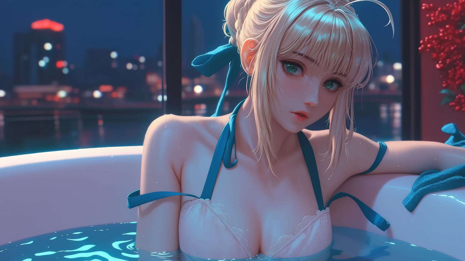 Saber from Fate Zero with green eyes, resting in a tub with neon light