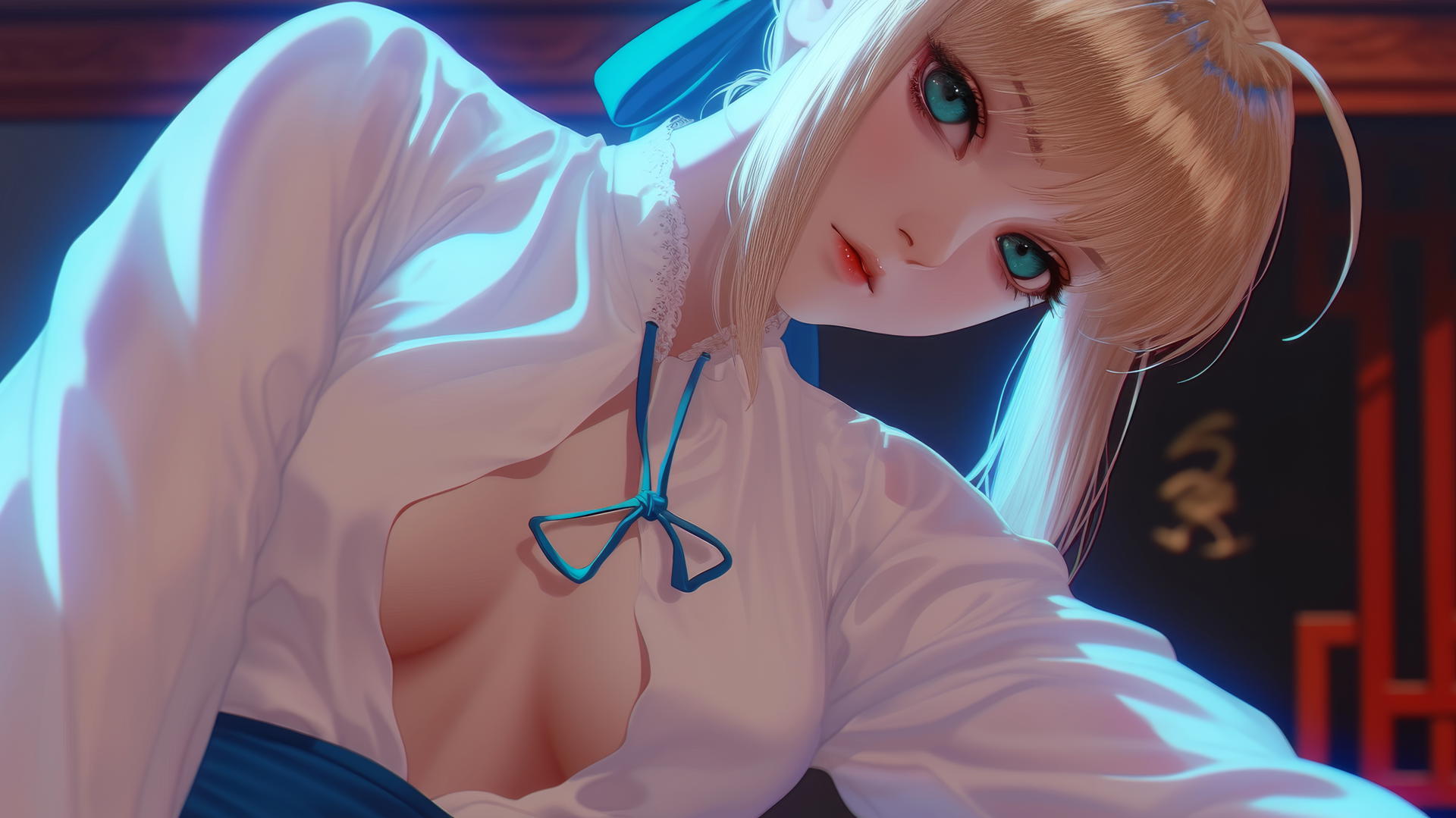 Saber from Fate Zero in a shirt, kneeling and leaning towards the viewer.