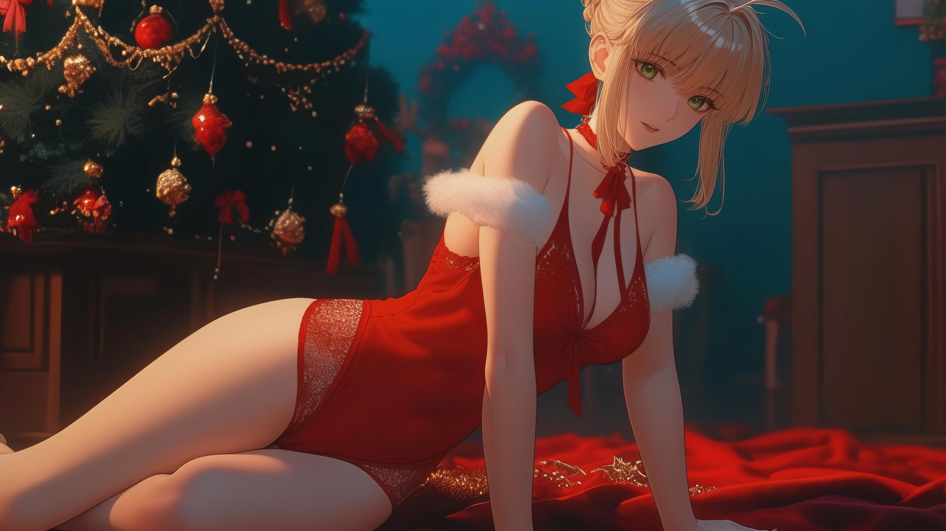 Saber from Fate Zero in Christmas attire, kneeling and looking down, soft warm light.