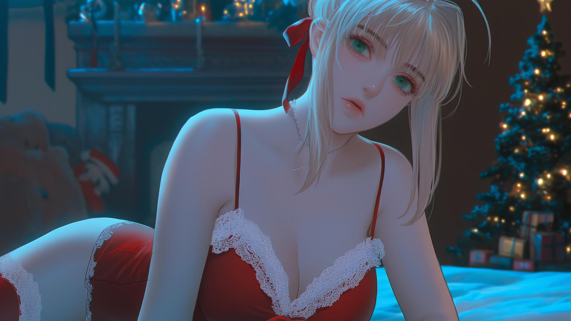 Saber from Fate Zero, in Christmas attire, kneeling and leaning forward, with green eyes, and a ceiling background.