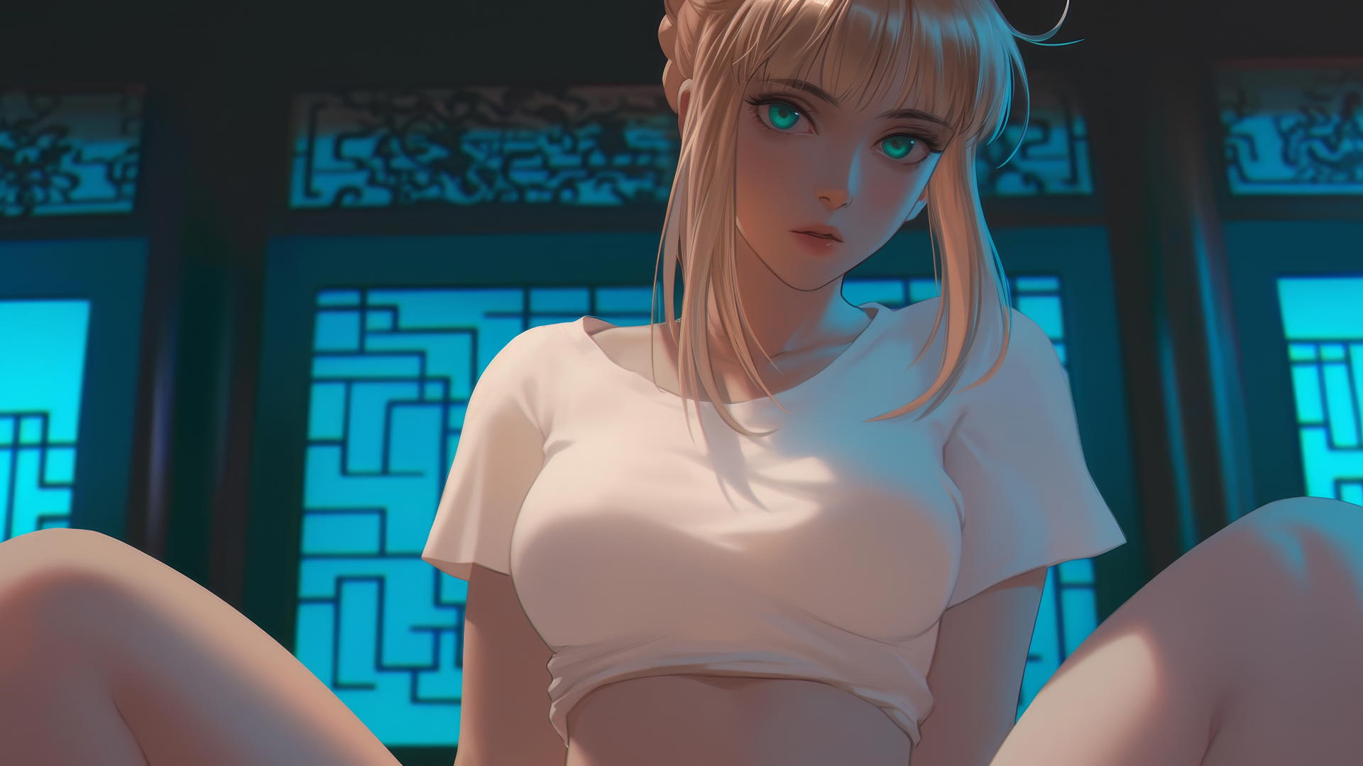 Saber from Fate Zero kneeling and looking down, warm light, ceiling background